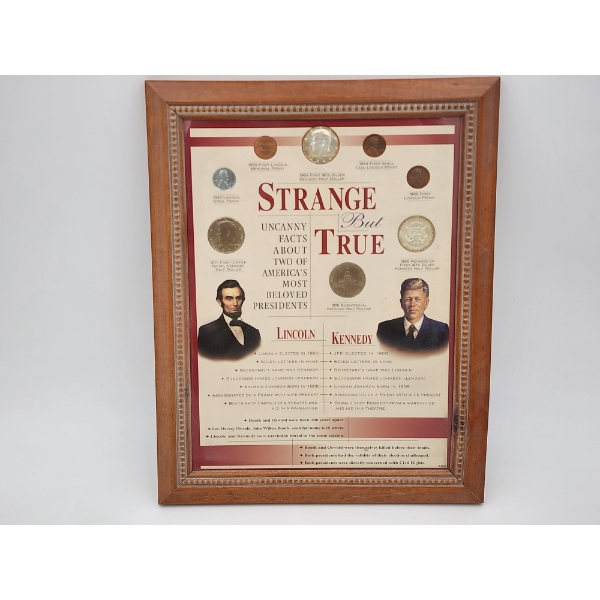Framed "Strange But True" Lincoln and Kennedy Coin Collection Including 90% & 40% Silver Half Dollar