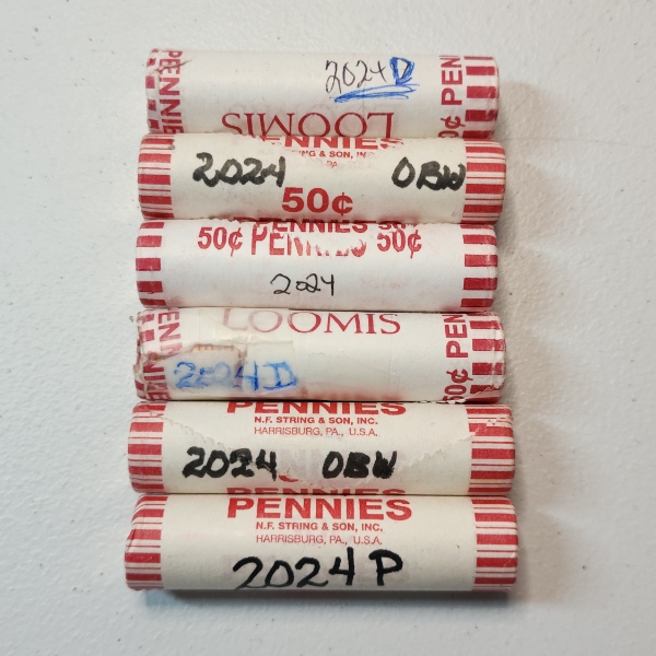 Six Rolls of Assorted 2024 United States Lincoln Cents - Face Value: $3.00