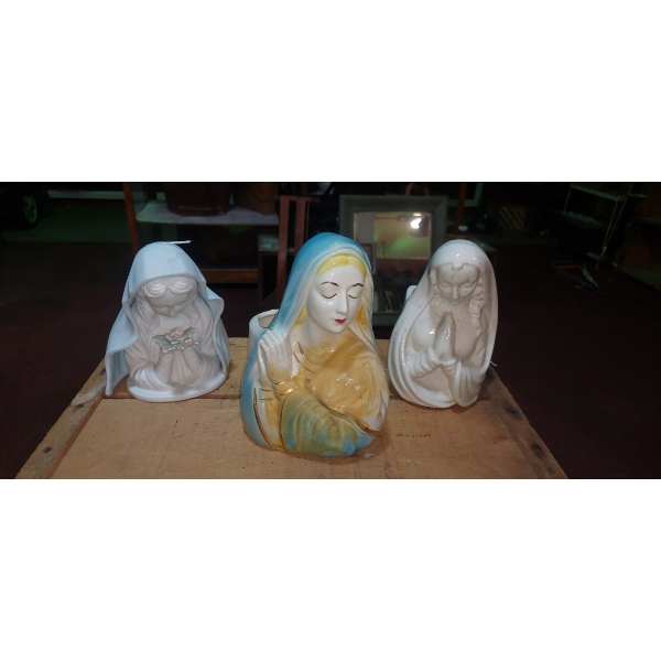 3 Pc Religious Lot - Virgin Mary Figural Collection - Planters As Shown  Nice Condition