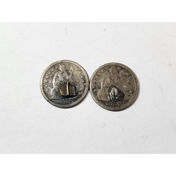 Two U.S. Seated Liberty Dimes: Coin Pin Engraved on Back "ELP" - 90% Silver 