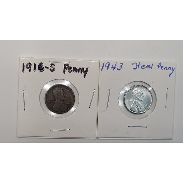 1916-S Copper Lincoln Wheat Cent & 1943 Lincoln Steel Cent 
