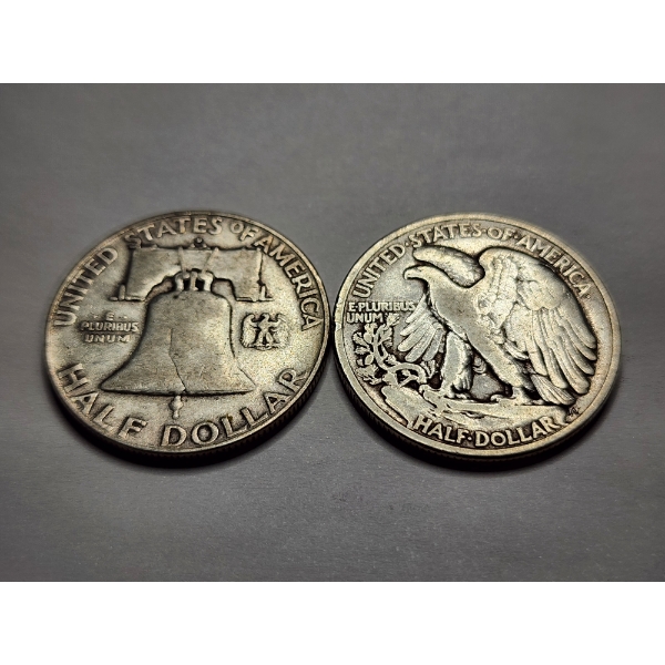 Two 90% Silver Half Dollars - 1 Walking Liberty & 1 Franklin Half - $1.00 Face Value