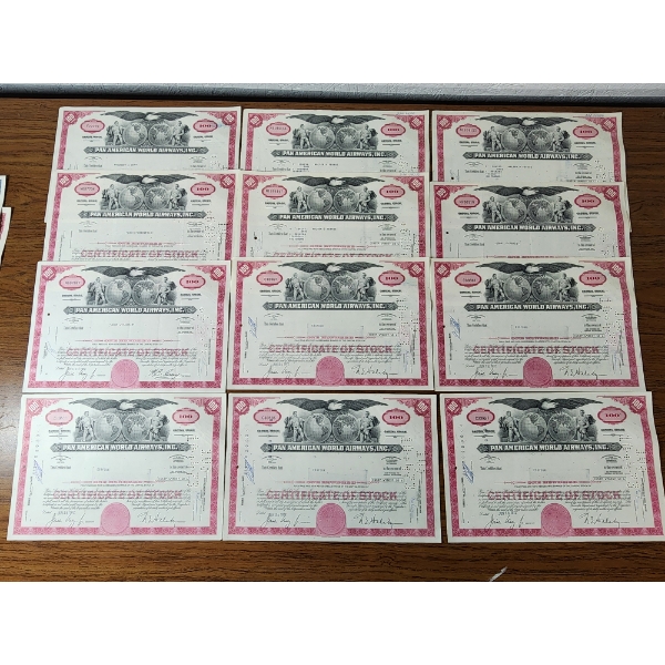 Lot of (12) Pan American World Airways, INC. 100 Shares Stock Certificates