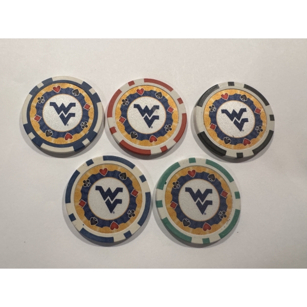 Rare West Virginia Mountaineers - Clay Poker Chip Set - Mint Condition - Complete Set 5 Chips