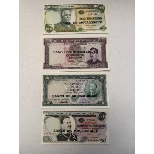 4 - 1970's South African Mogambique Bank Notes - Exceptional Condition - Guaranteed Authentic