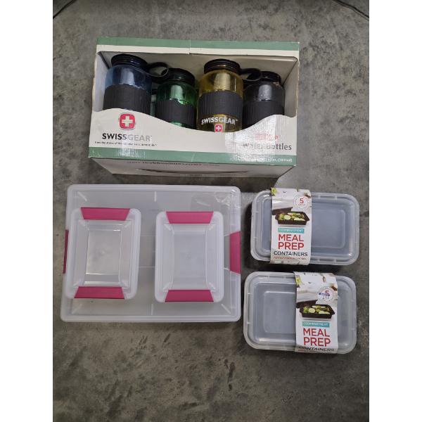 Four New 32 oz Swiss Gear Water Bottles, Two 5 Pack Meal Prep Containers, & Three Sterilite Snap Con