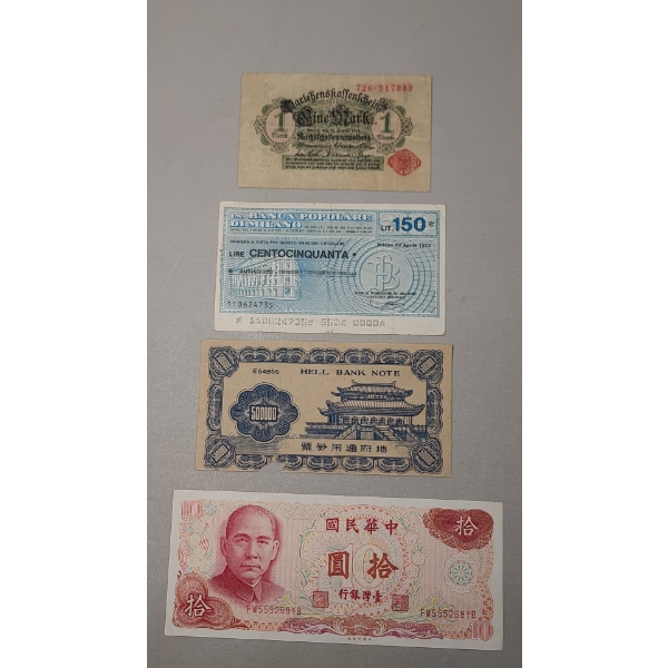 Assorted World Currency Including A Hell Bank Note Used In Ceremonial Offerings