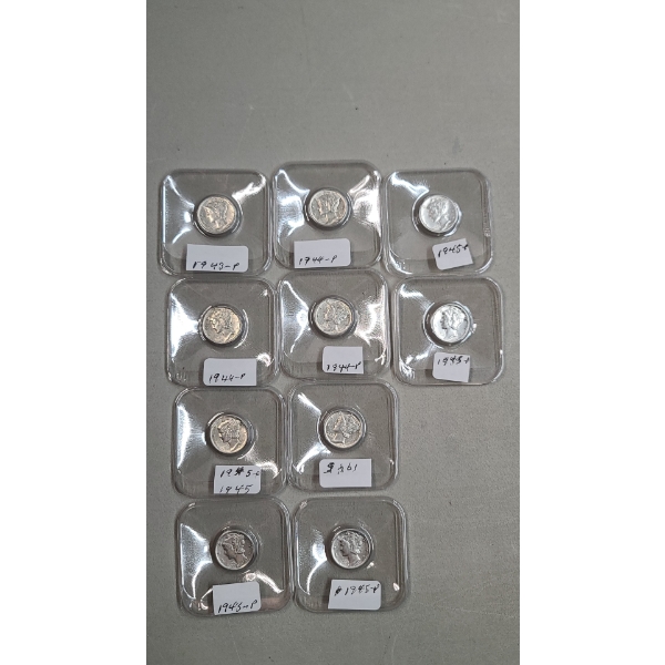 Years 1943, 1944, 1945 U.S 90% Silver Mercury Dimes BU Condition - Face Value: $1.00