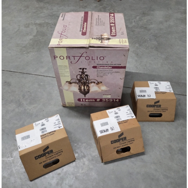 New In Box Portfolio 22.5''x19'' Chandelier And 3 Cooper 500W Quartz Lights 