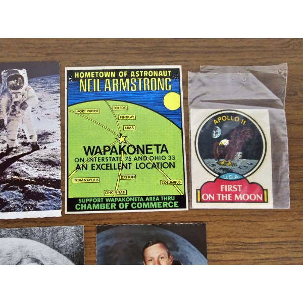 Neil Armstrong & Apollo 11 Mission Memorabilia - Photo Postcards, Wapakoneta Card, Sticker