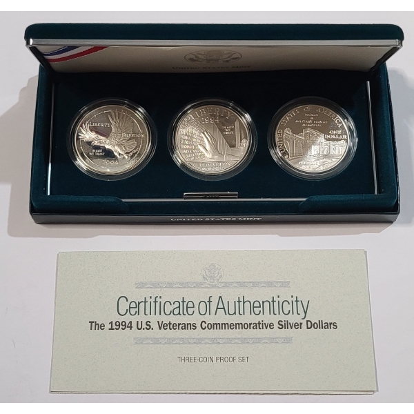 1994 U.S Veterans Commemorative (3) 90% Silver Dollars Proof Coin Set