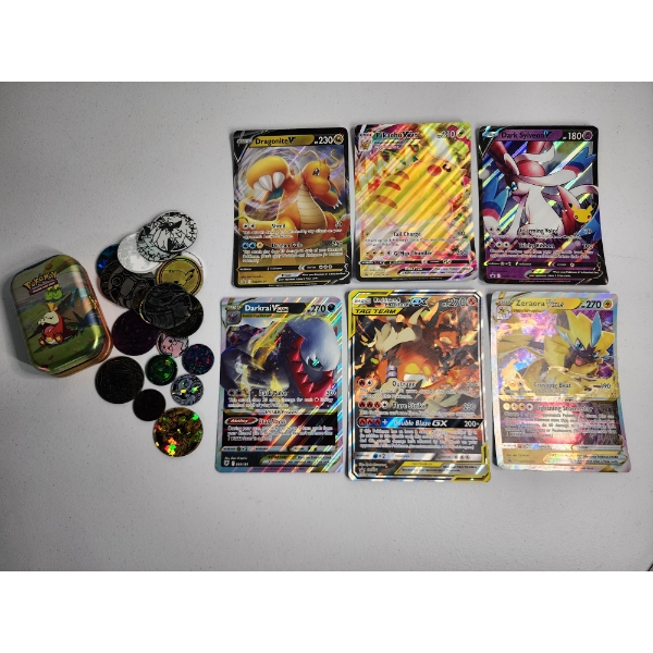 6 Jumbo Collectors Pokemon Cards and Official Game Coins in Tin