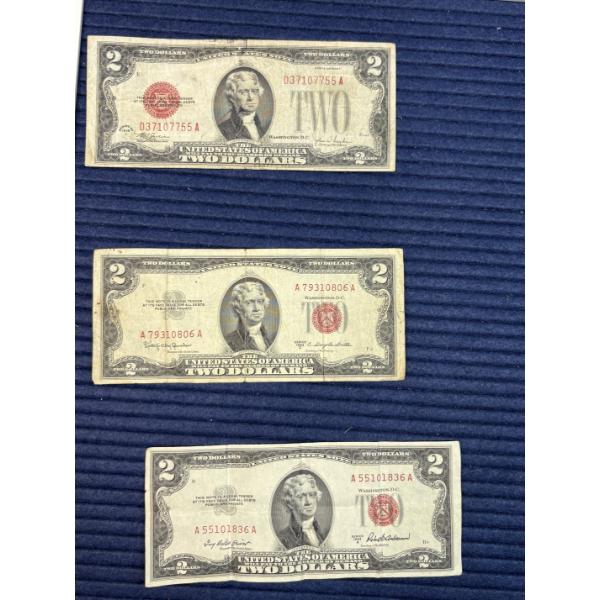 three vintage 1953 Series $2 United States Notes - Serial #'s: A55101836A - A79310806A - D37107755A