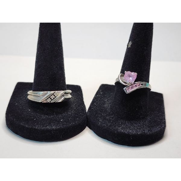 Two 10K White Gold Rings ft. Diamonds and Pink Heart Gemstone Sizes 7.5 & 10.5 - TW: 7.5g