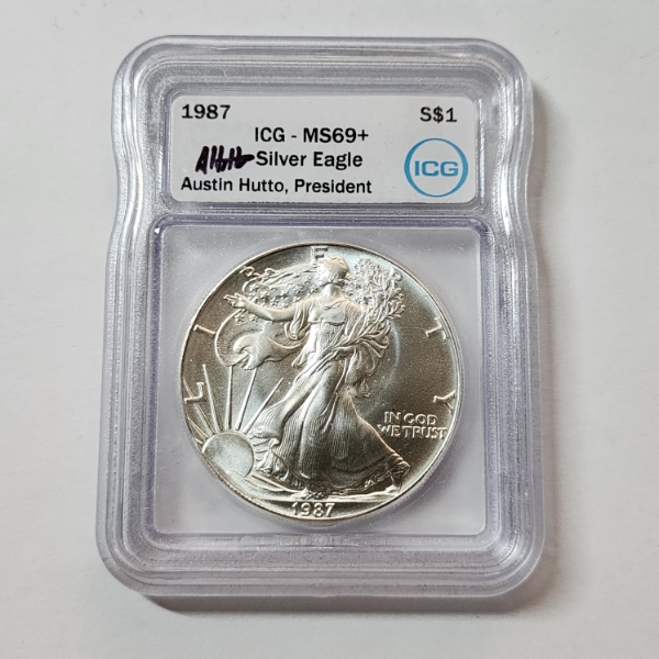 ICG Graded MS69+ 1987 American Silver Eagle Signed by Austin Hutto - 1 oz .999 Fine Silver 