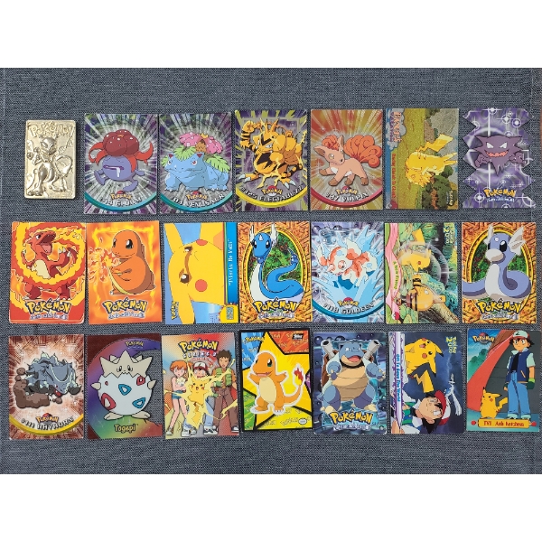 Lot of 20 Asstd Topps Pokemon Trading Cards Ft. Holos & Burger King Gold Plated Mewtwo Collectible