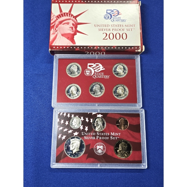 2000 S United States Mint Silver Proof Set - 10 Coins with Box & COA