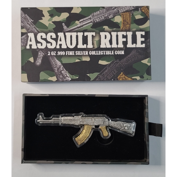 2024 Chad 2 Oz .999 Fine Silver Assault Rifle Shaped Coin With Antiqued & Gilded Accents 