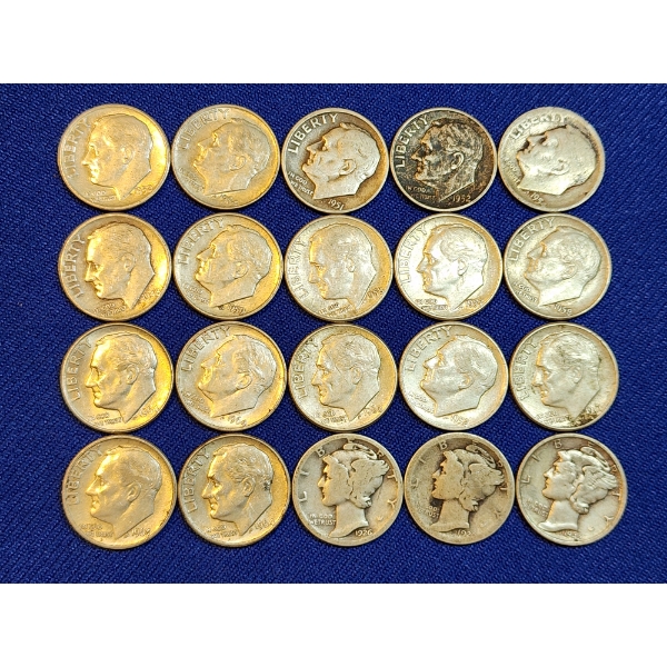 Assorted 90% Silver Roosevelt and Mercury Dimes - Face Value $2.00