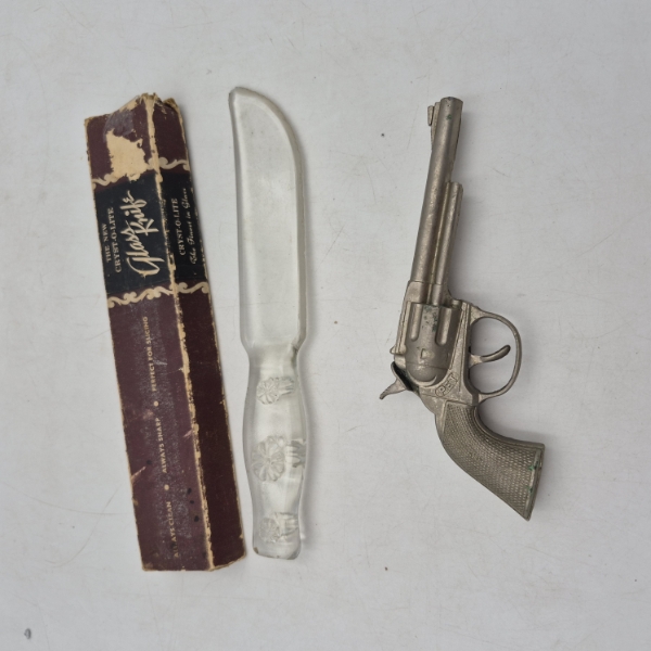 VINTAGE "PET" 6 1/2 INCH CAP GUN WORKING NICE 7 9 " GLASS CRYSTAL KNIFE W BOX - SEE PICS