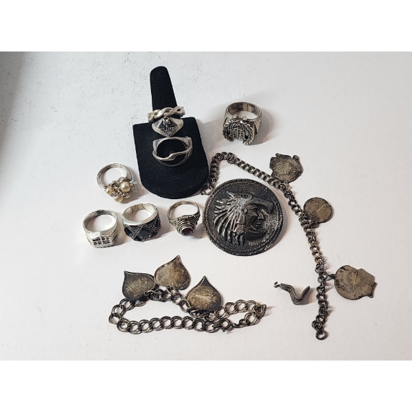 Nice Large Lot of Assorted Sterling Silver Pieces: Rings, Bracelets, Pin - TW: 95.6g
