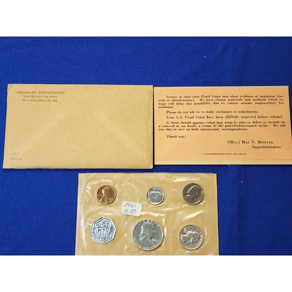 1961 U.S. Silver Mint Proof Set, 5 Coins w/ Original Envelope