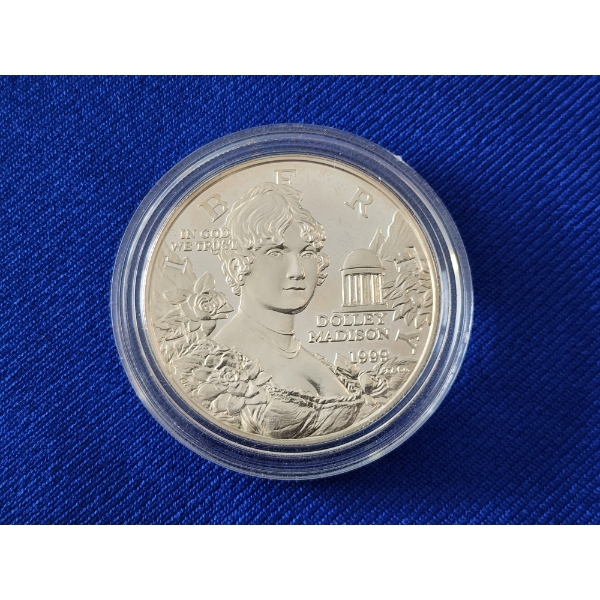 U.S. Dolley Madison 1999 Commemorative 90% Silver Dollar In Capsule 