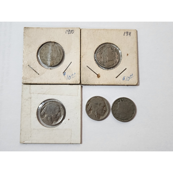 Five Assorted U.S. Nickels: 1905, 1910 & 1911 "V" / 1930 & Unknown Year Buffalo Nickels 