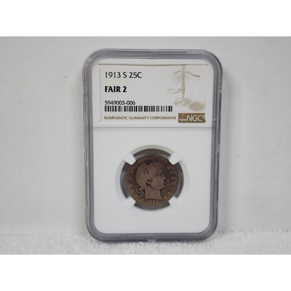 KEY DATE United States 1913-S Barber Silver Quarter Graded Fair 2 By NGC ~ EXCELLENT COLLECTORS COIN