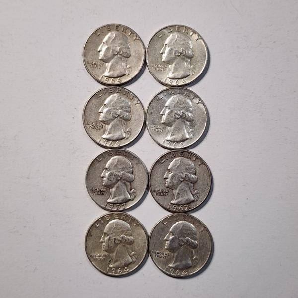 Eight Assorted United States 90% Silver Washington Quarters ~ $2.00 Face Value