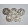 Image 2 : (5) 90% Silver U.S. Barber Quarters - Years 1897, 1915, 1902, 1908, 1903 - FV: $1.25