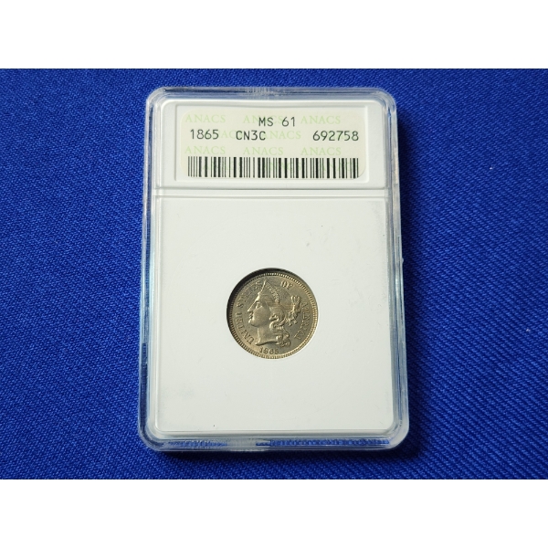 Rare, First Year of Circulation! 1865 Three Cent Nickel Coin ANACS MS 61 