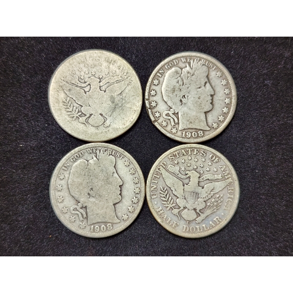$2.00 Face Value in 90% Silver Barber Half Dollars - 4 Assorted Condition Coins