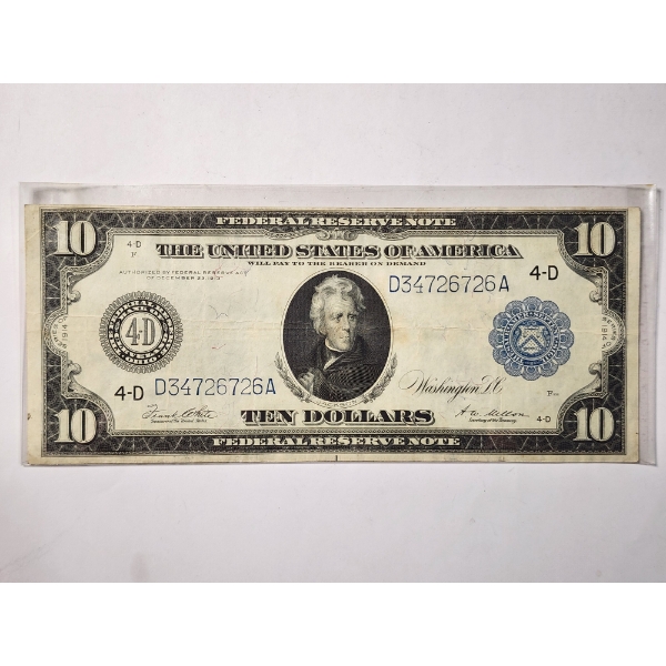 RARE 1914 United States $10 Federal Reserve Blue Seal Horse Blanket Large Note BEAUTIFUL Condition!