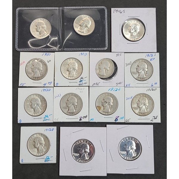 Assorted Pre '64 90% Silver Washington Head Quarters In Coin Holders - Face Value: $3.50
