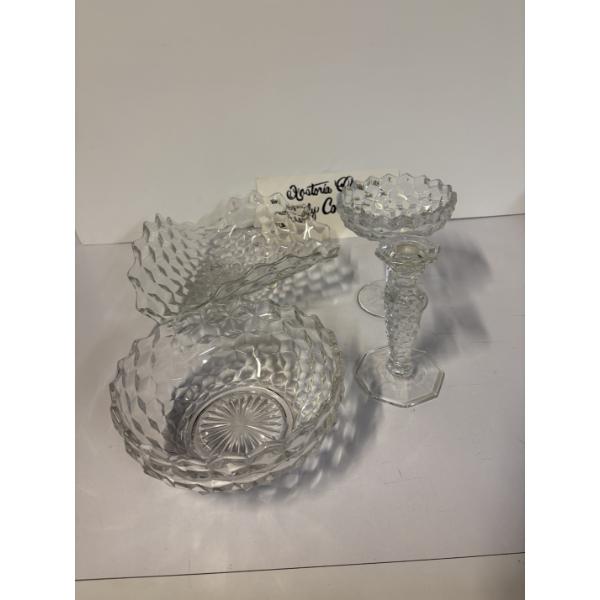 Fostoria Glassware Collection - 4 Pieces - Bowl - Flared Bowl - Cup - Candlestick Holder