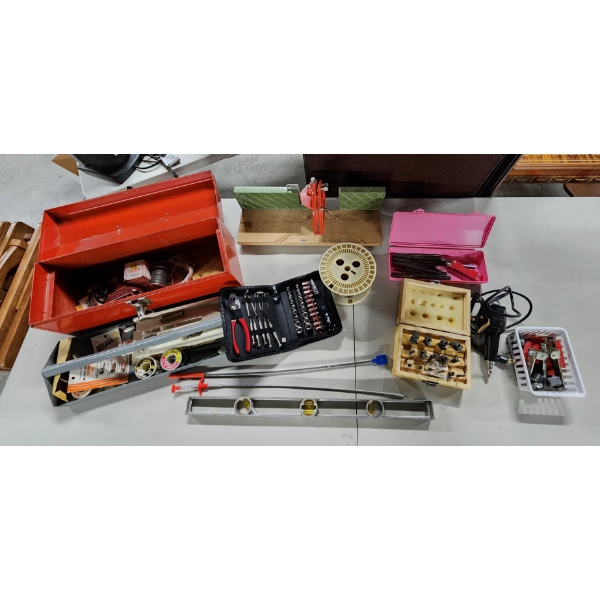 Nice Toolbox, Assorted Tools, Files, Miter Box, Auto Tool Set, Spool of Wire, Level, & More!