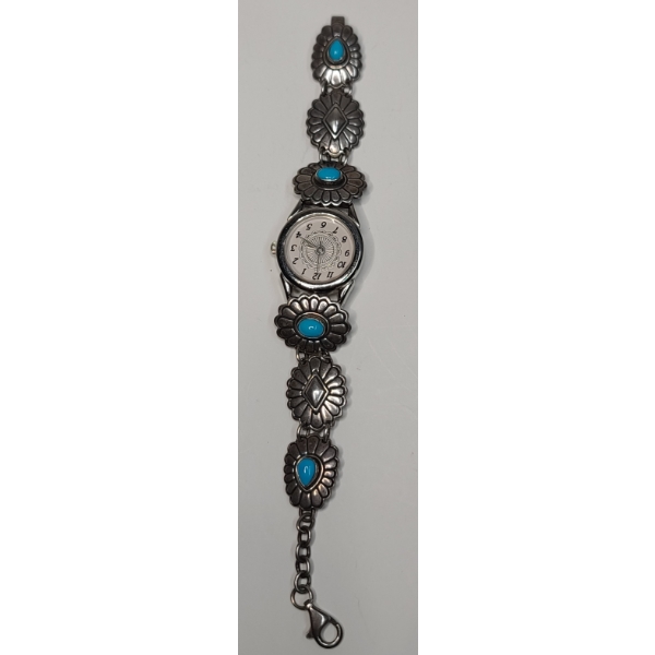 Carolyn Pollack Sterling Silver Concho Link 5" Watch With Turquoise Stones - Total Weight: 32.3g