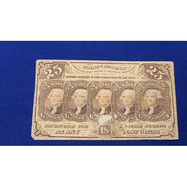 1862 25 Cents First Issue Fractional Currency FR#1281 Straight Edges With Monogram  