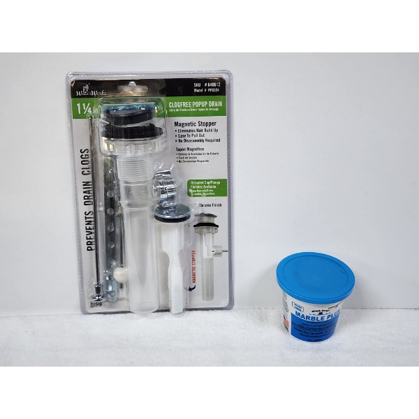 NEW IN BOX ~ 1.25 IN Clogfree Popup Drain W/ Magnetic Stopper & Plumbers Putty