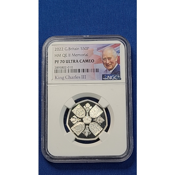 2022 NGC HM QE II Memorial PF 70 ULTRA CAMEO Great Britain King Charles III 50 Pence Silver Coin