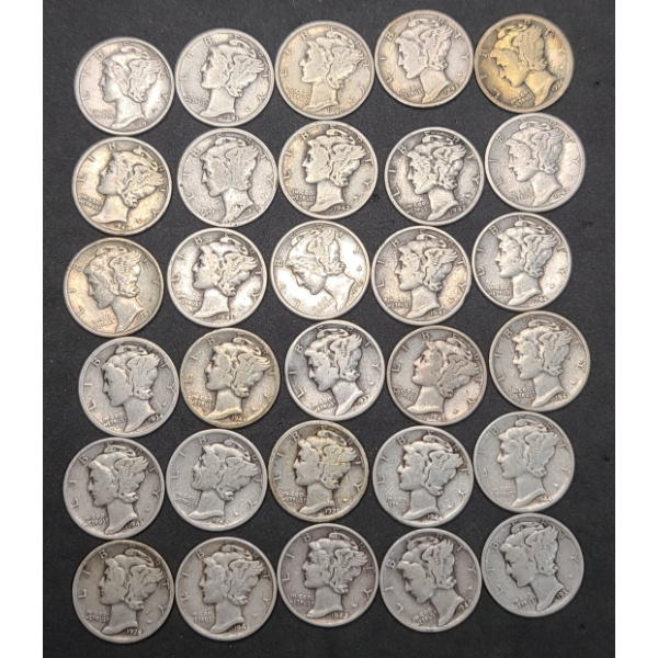 Assorted Years/Mint Marks United States 90% Silver Mercury Dimes - Face Value: $3.00