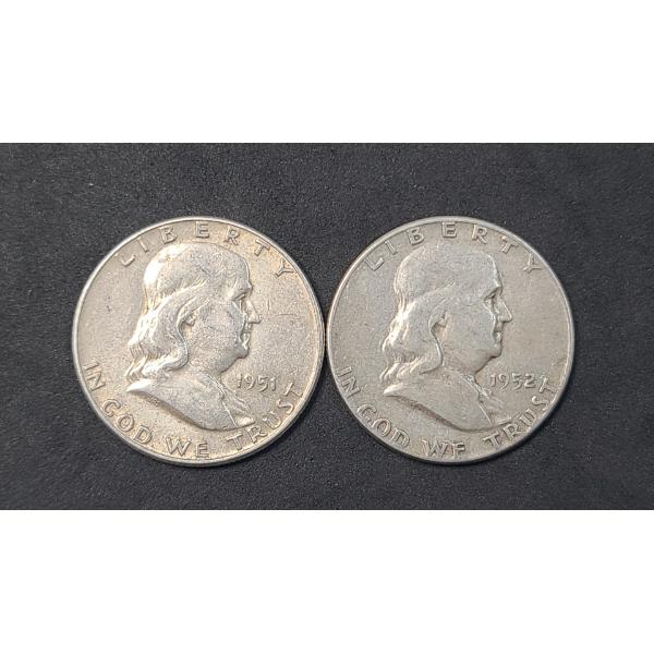 United States 1951 & 1952 Franklin 90% Silver Half Dollars
