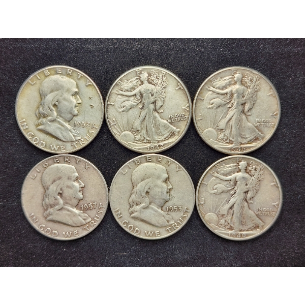 $3 Face Value in Assorted 90% Silver Half Dollars Ft. Walking Liberties & Franklins!