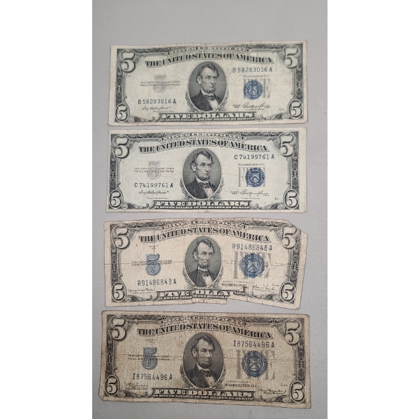 (4) Assorted Series United States $5 Silver Certificates - Face Value: $20.00