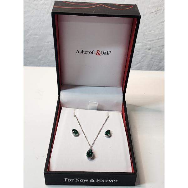 Ashcroft & Oak Sterling Silver Necklace and Earring Set with Emerald Colored Stones