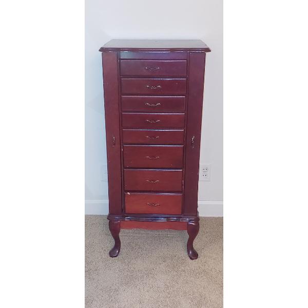 Tall Cherry Wood Ladies Jewelry Box With Many Shelves, Both side Necklace Doors & Folding Mirror Top