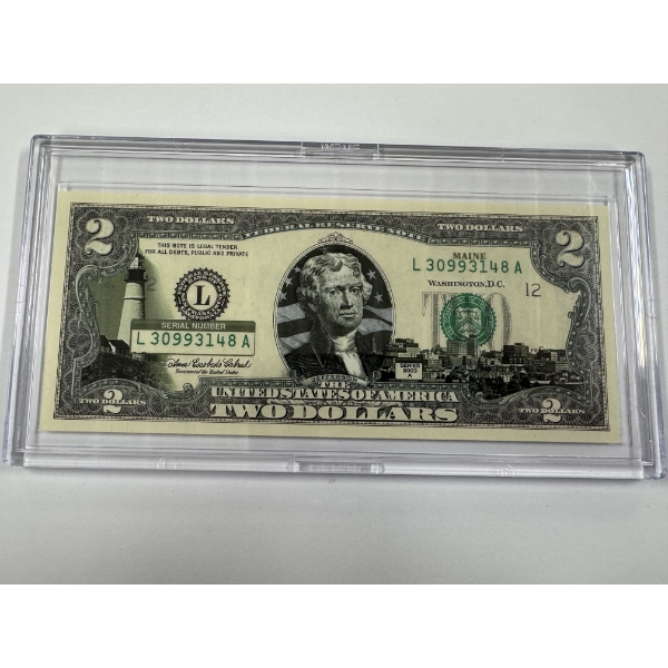 2003 United States Jefferson MAINE $2.00 Bill In Hard Case Holder - Mint Condition - RARE
