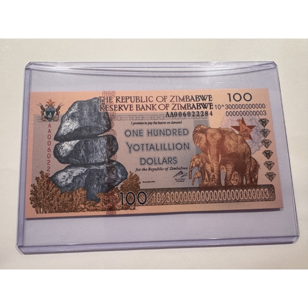 Republic of Zimbabwe 100 Yottalillion Gorilla UV Note in Protective Holder - Mint Condition