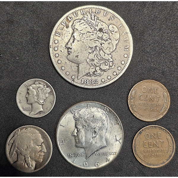 1882-S Morgan Silver Dollar w/ Kennedy Silver Half, Mercury Dime & More $1.67 Face Value